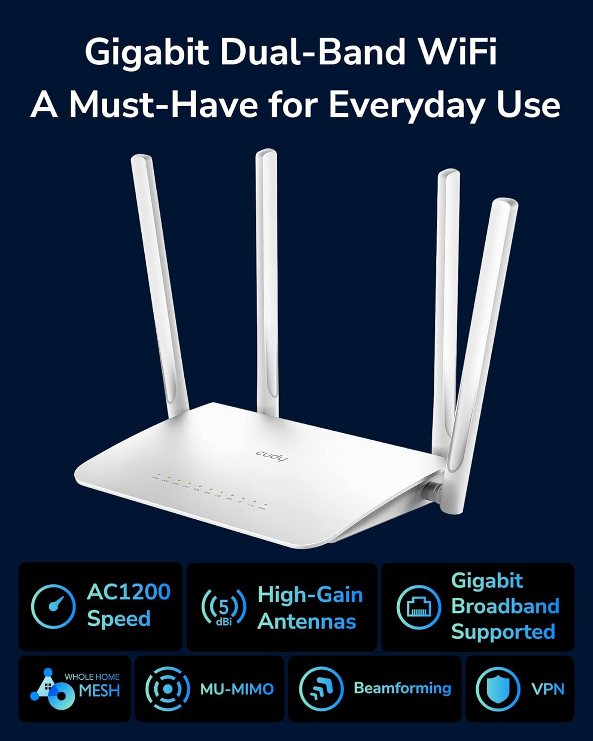 Cudy AC1200 Gigabit WiFi Router(WR1300), Dual Band MU-MIMO Wireless Internet Router, 4 x Antennas, VPN, Guest WiFi and AP Mode, Long Range Coverage