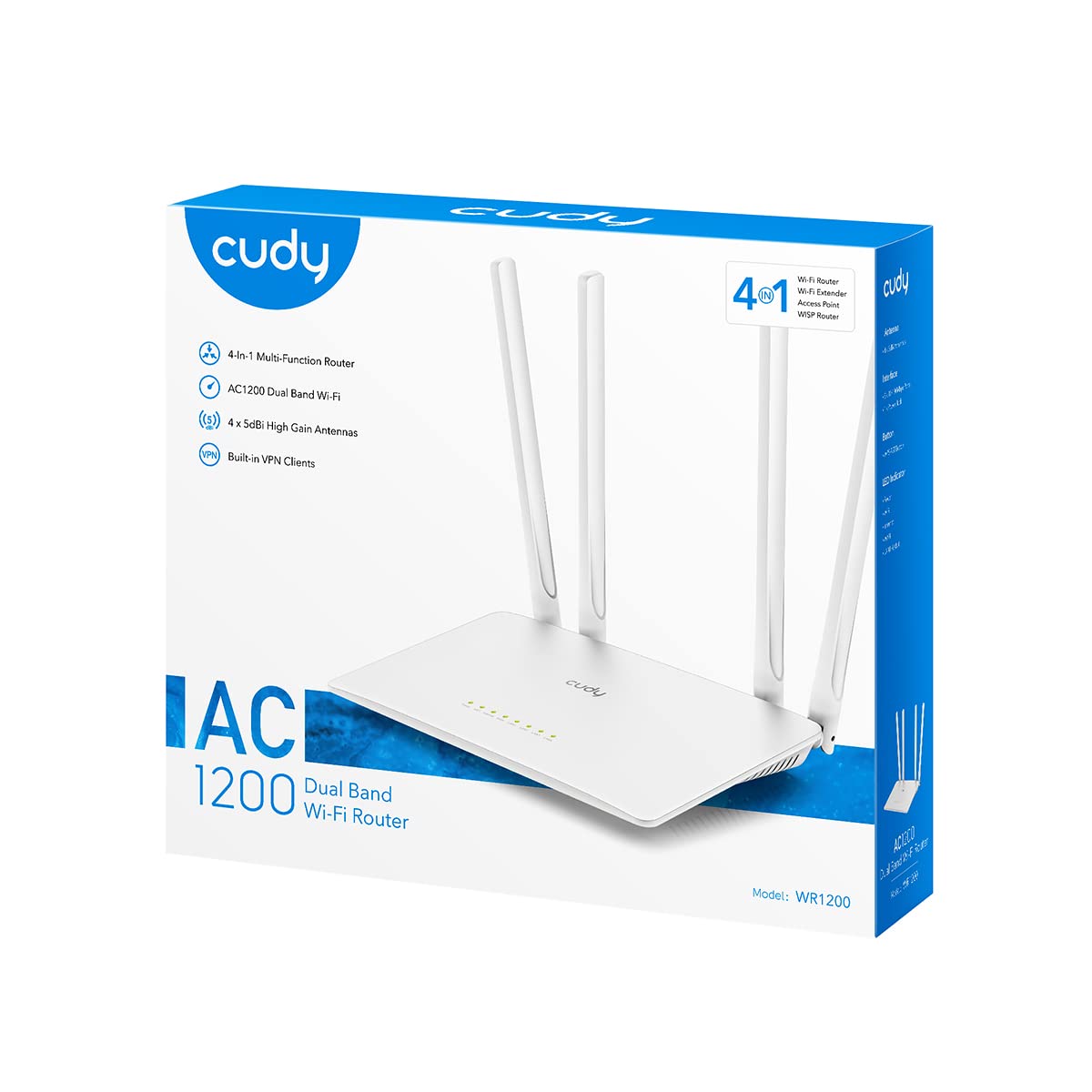 Cudy AC1200 Smart WiFi Router Extender, Access Point, WISP, 5GHz Dual Band, 10/100Mbps LAN, 4x5dBi Antennas, VPN, Guest WiFi, AP Mode, WR1200