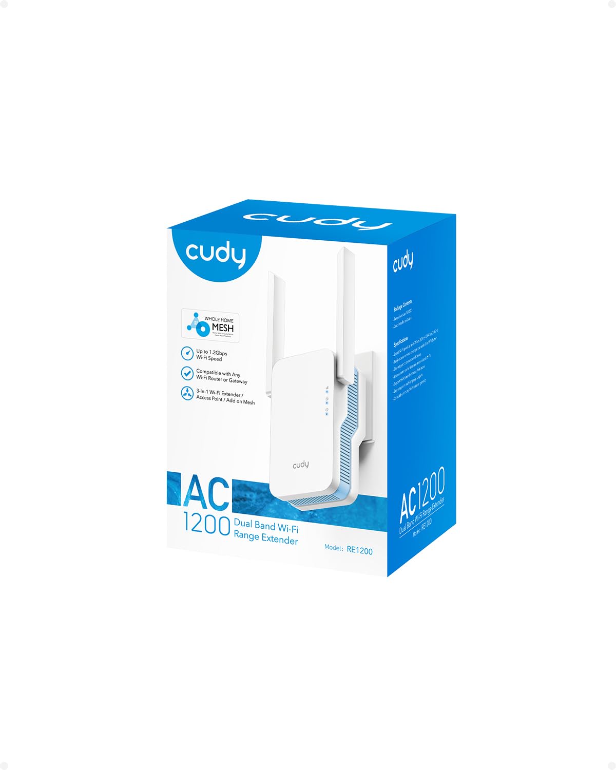 Cudy AC1200 WiFi Extender, 1.2Gbps Home Signal Booster, Dual Band 5GHz/2.4GHz, Covers up to 1500 Sq.ft and 30 Devices, AP Mode, Mesh Supported, RE1200