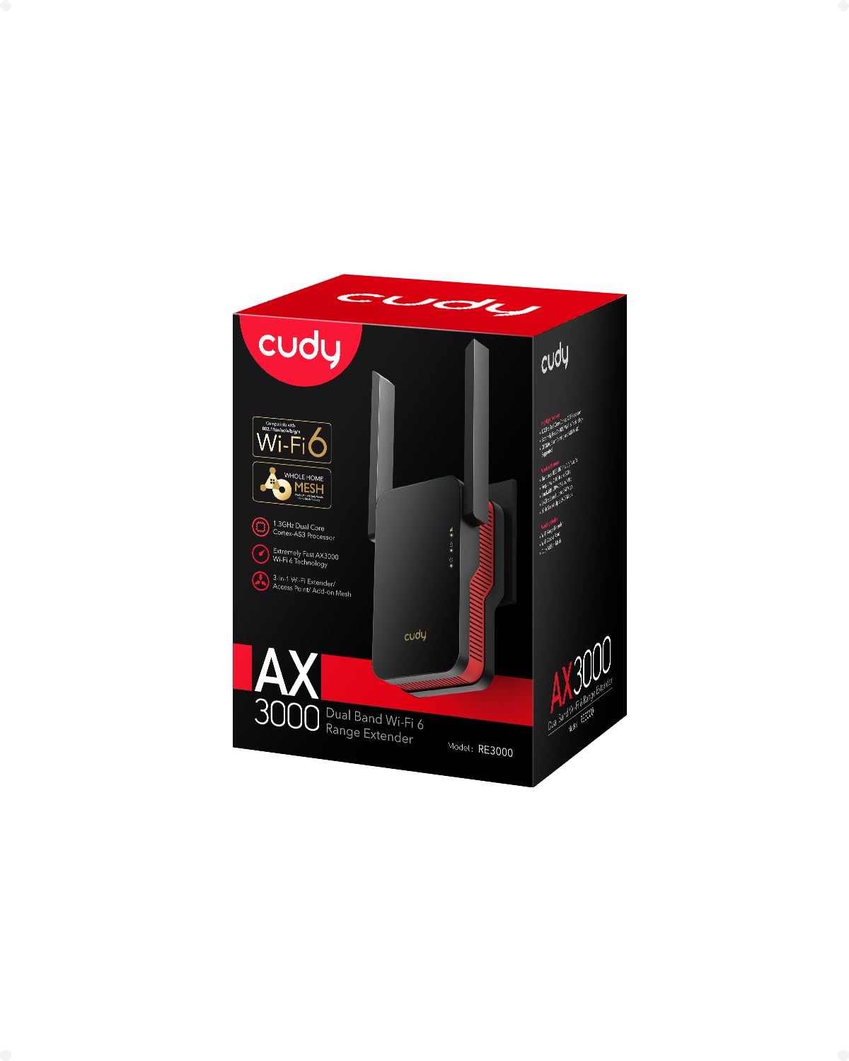 Cudy AX3000 Dual Band Wi-Fi 6 Extender, WiFi 6 Repeater Coverage up to 3000 Sq.Ft. and 70 Devices, 802.11ax, 160MHz, MU-MIMO, Beamforming, OFDMA, WPA3