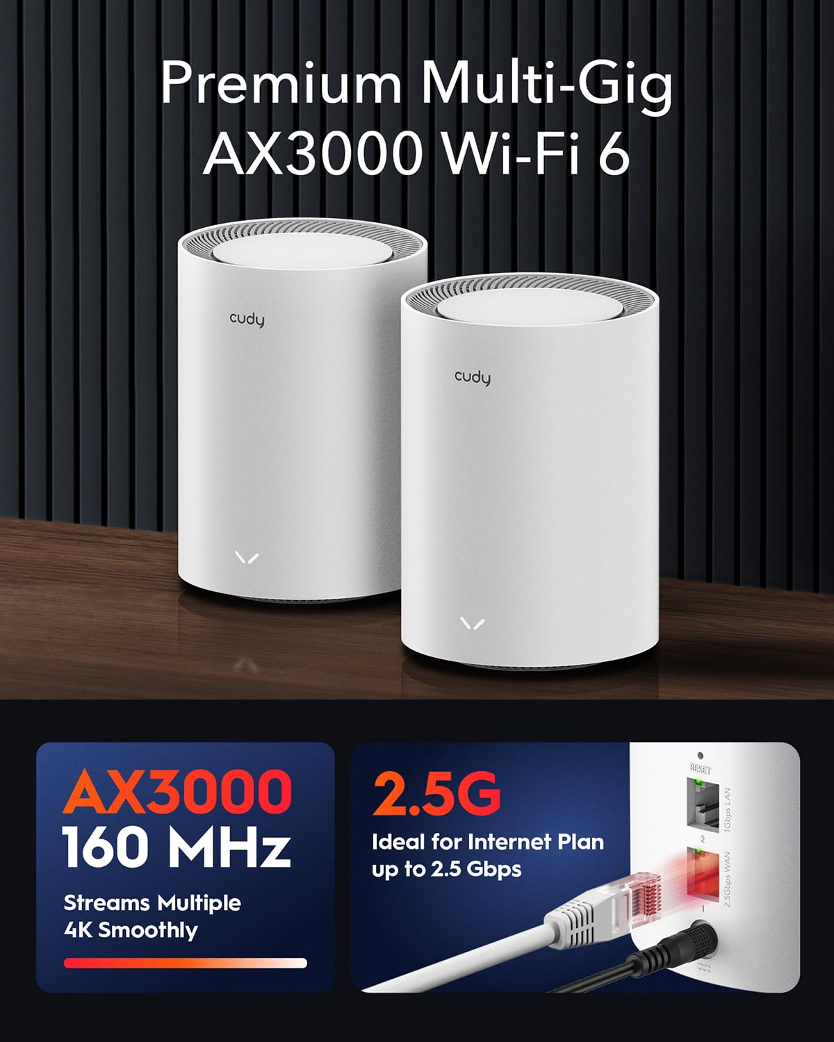 Cudy AX3000 Wi-Fi 6 2.5G Mesh System, Covers up to 2500 Sq.Ft, Replaces Wireless Router and Extender, Supports Ethernet Backhaul, Ideal for 2.5G Network, M3000 1-Pack