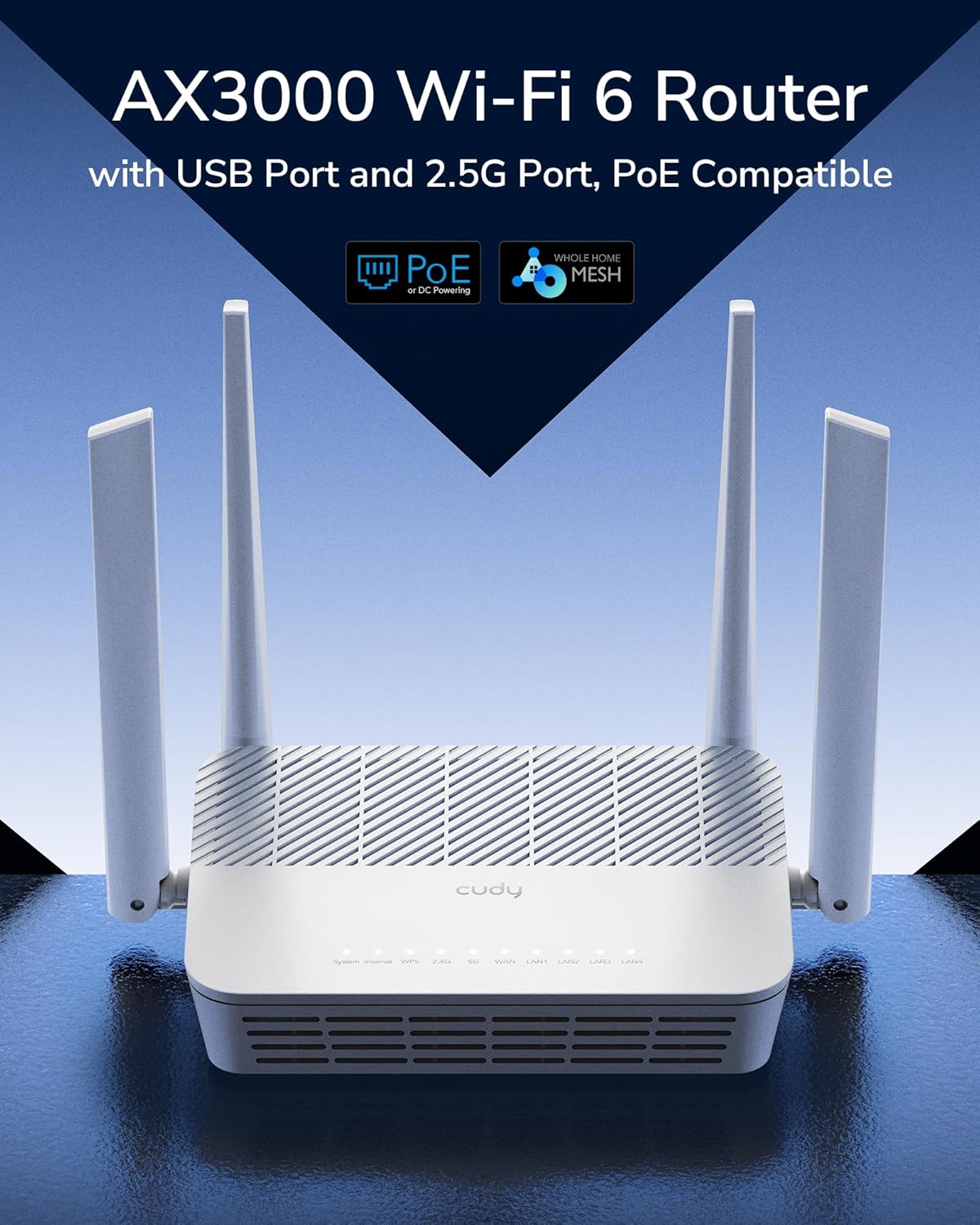 Cudy AX3000 WiFi 6 2.5G PoE-Powered Router with USB 2.0 Port, Dual Band VPN Router, MU-MIMO, WireGuard, Cudy Mesh Compatible, APP Control, WR3000P