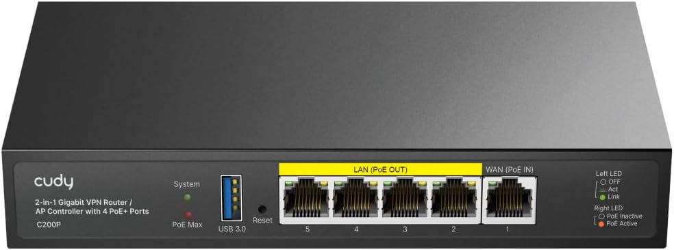 Cudy C200P Hardware AP Controller and VPN Router, PoE or DC Powered, Manage Up to 200 APs, Captive Portal, USB 3.0 Port, Easy and Intelligent Network Monitor & Maintenance