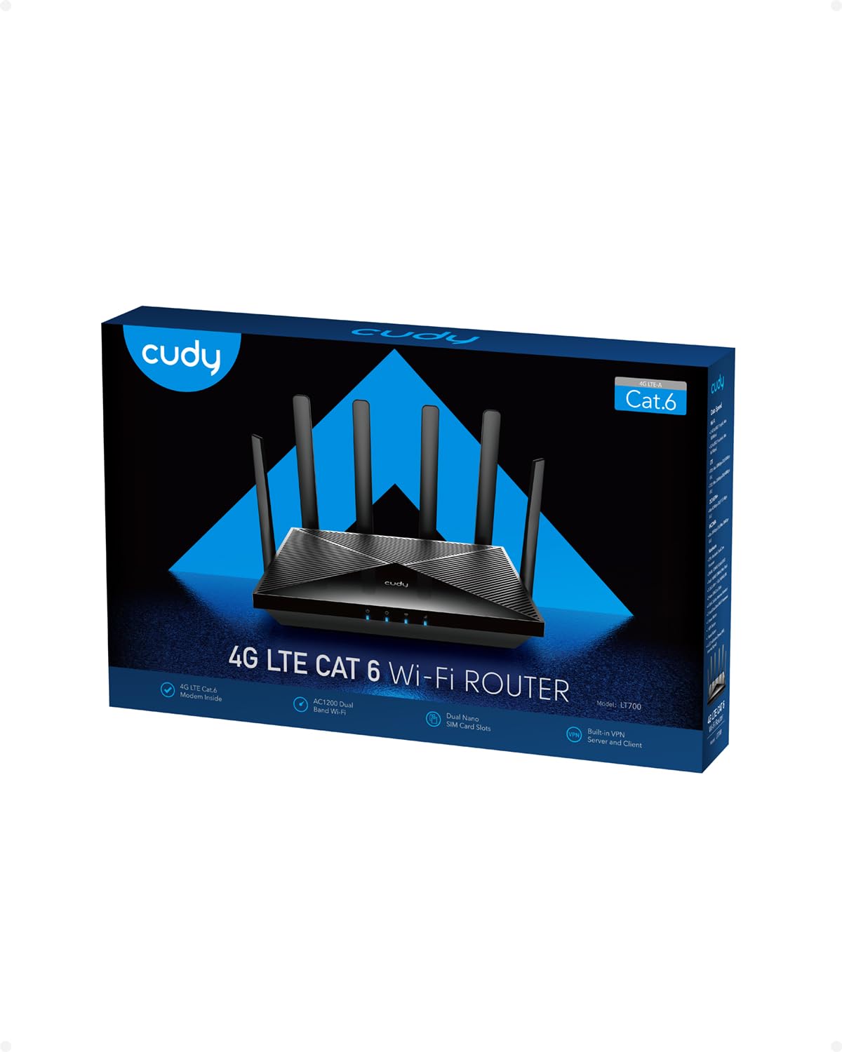 Cudy LT700 4G LTE Wi-Fi Modem Router, AC1200 Dual SIM 4G Cellular Router, 4 Gigabit Ports, OpenVPN, WireGuard, Band Lock, Cudy APP