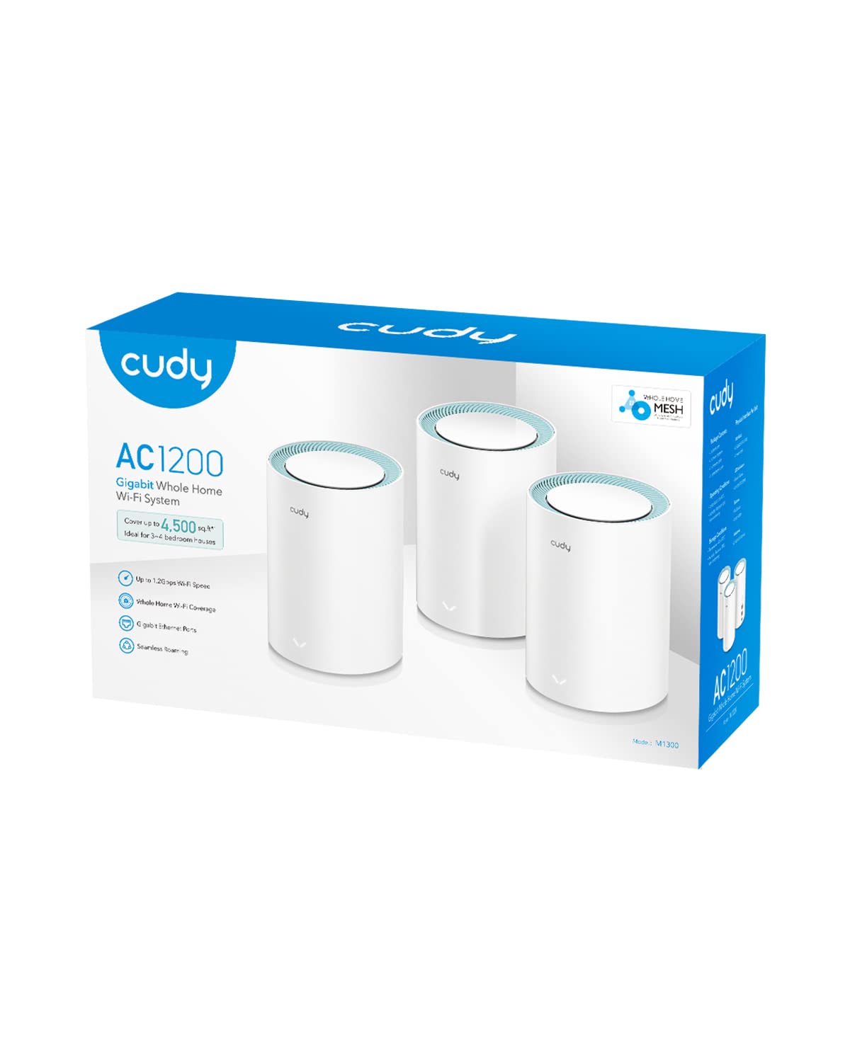 Cudy M1300 3-Pack AC1200 Gigabit Whole Mesh WiFi System, Dual Band, WiFi Extender, High Gain Antennas, VPN, Cloudflare, Connect Up to 100 Devices