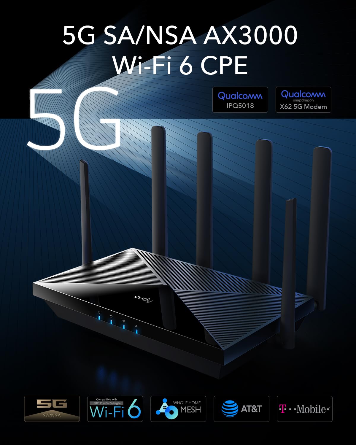 Cudy New 5G NR SA NSA AX3000 WiFi 6 CPE Router, AX3000 Dual SIM 5G Cellular Router, Qualcomm IPQ5018, SDX62, MU-MIMO, Detachable Antennas, Band Lock, VPN, Zerotier, Cloudflare, P5