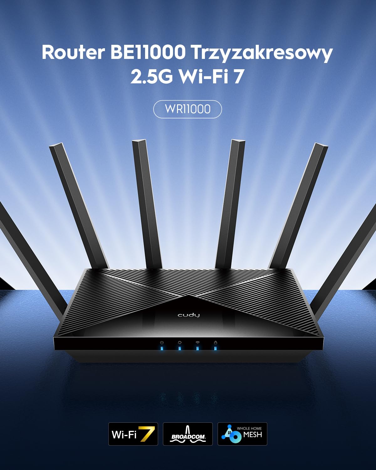 Cudy Tri-Band WiFi 7 BE11000 Router, 6-Stream 10 Gbps, 4 × 2.5G Ports, Up to 11000Mbps, VPN Server and Client, Cudy APP and Mesh, 6 × High-gain Antennas, WR11000