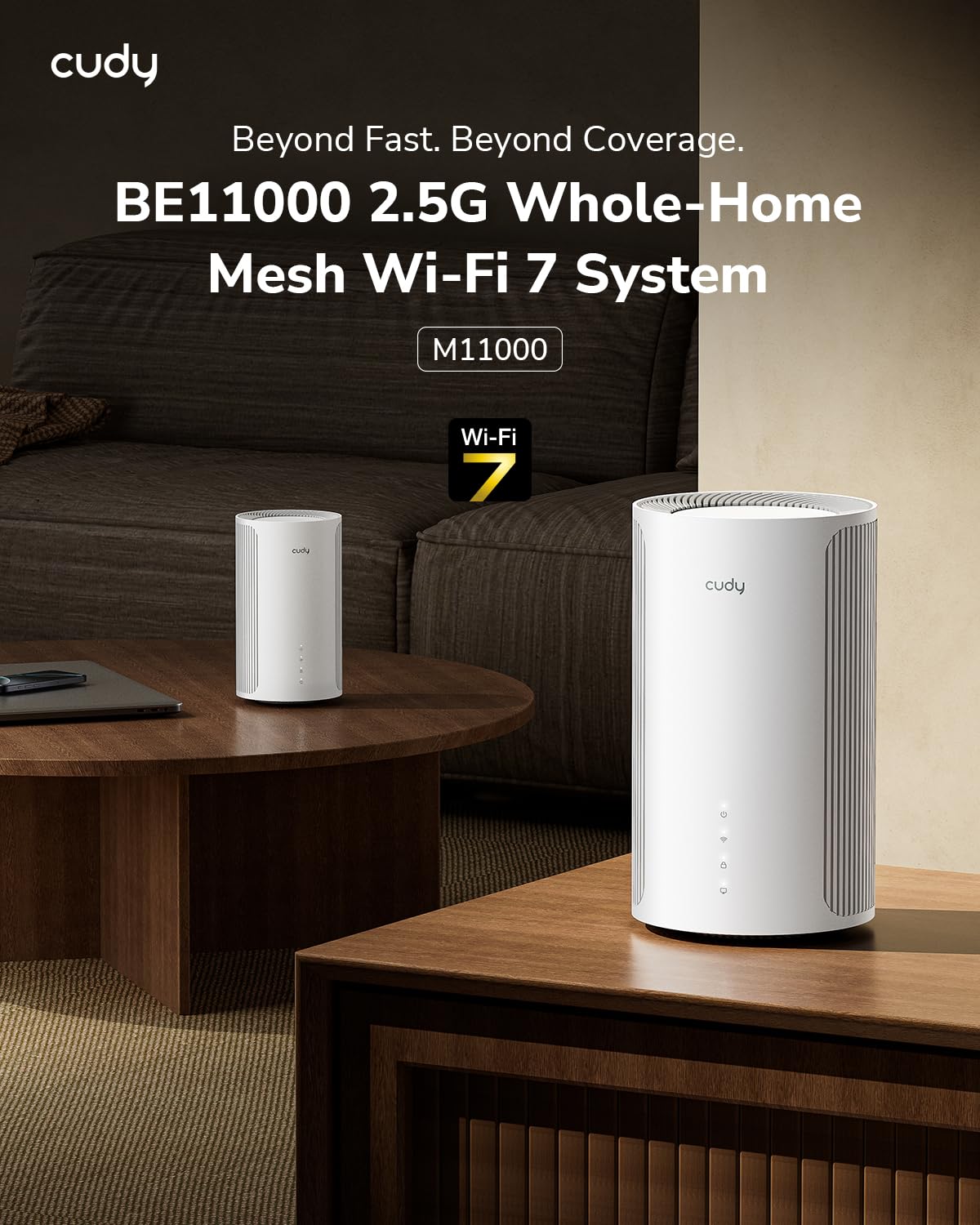 Cudy Tri-Band WiFi 7 BE11000 Whole Home Mesh System, 6-Stream 10 Gbps, 4 × 2.5G Ports, MU-MIMO, Multi-VPN, Cudy APP, Smart Internal Antennas, M11000 1-Pack