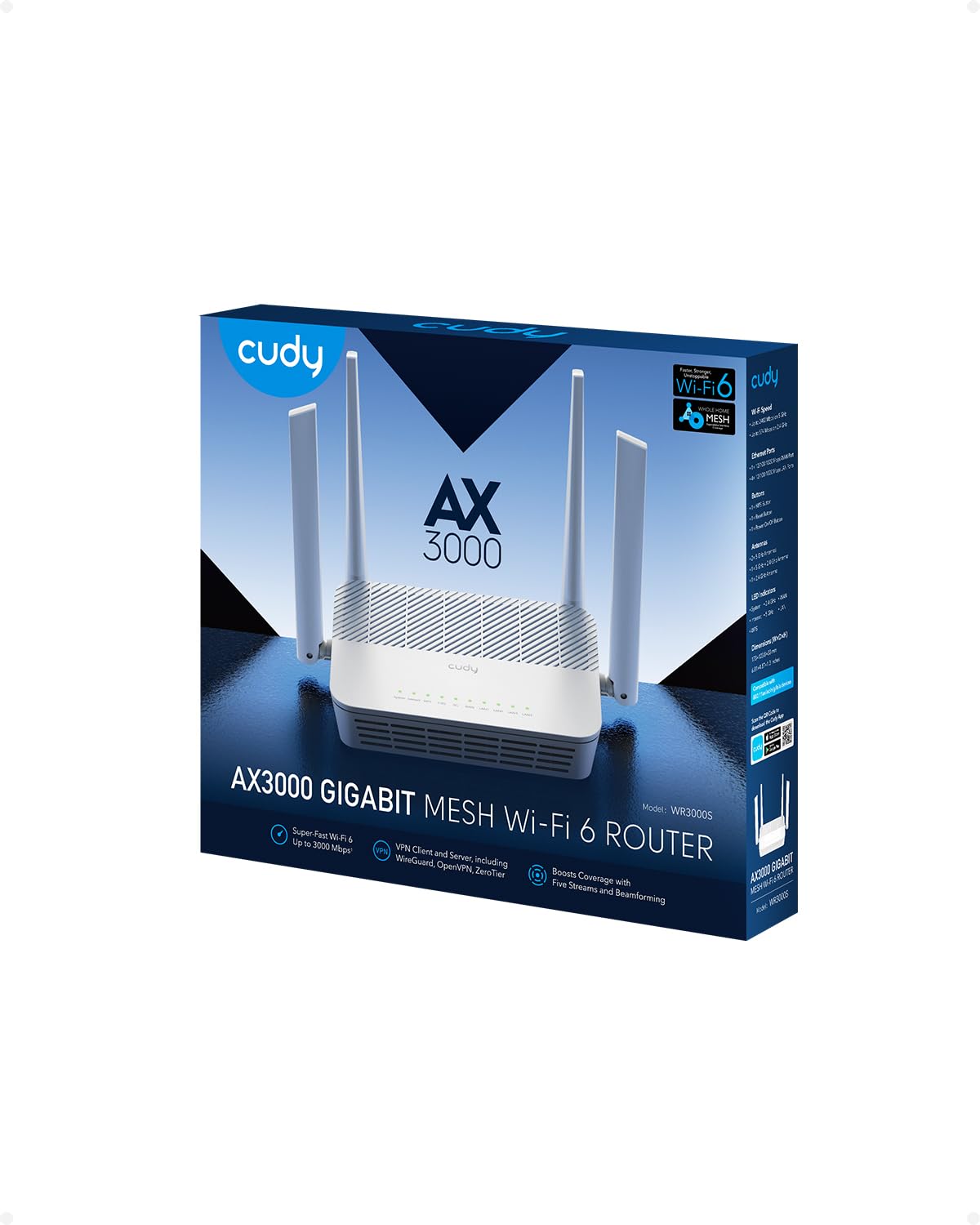 Cudy WR3000S AX3000 Dual Band WiFi 6 Mesh Router, 5 Gigabit Ethernet RJ45 Ports, 4 Antennas, MU-MIMO, OpenVPN, Wireguard, Zerotier, Ipsec VPN, Cloud APP